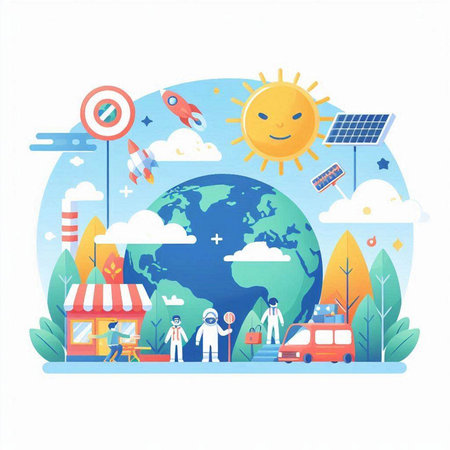 Vector illustration of solar panels, solar car, planet Earth, rocket and people. Ecology conceptのイラスト素材