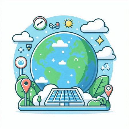 Ecology concept. Vector illustration in flat design style. Planet Earth with solar panels.のイラスト素材