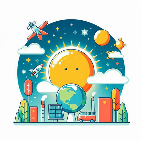 Vector illustration of solar panels, sun, planet, rocket, airplane and city.のイラスト素材