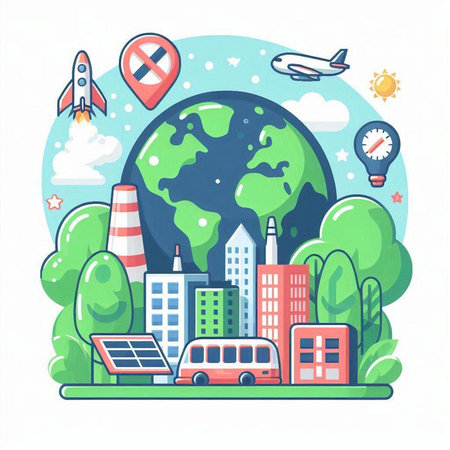 Flat design modern vector illustration concept of eco friendly city with solar panels, electric car, buildings and planet earth on white background.のイラスト素材