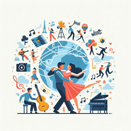 Flat style vector illustration of couple dancing around the globe, world music day concept.のイラスト素材