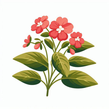 Illustration of a red flower with green leaves on a white backgroundのイラスト素材