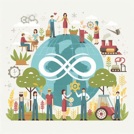 Flat design vector illustration concept of people around the world with symbols of infinity.のイラスト素材