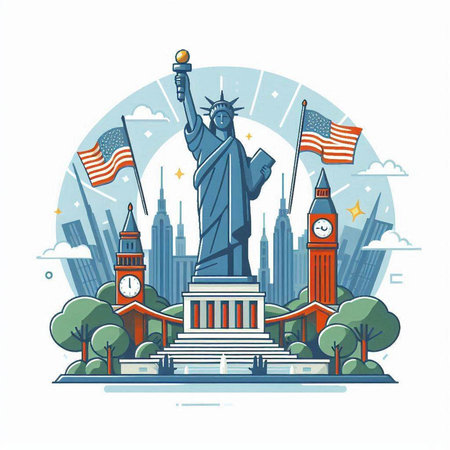 Statue of Liberty and American flags. Vector illustration in flat styleのイラスト素材
