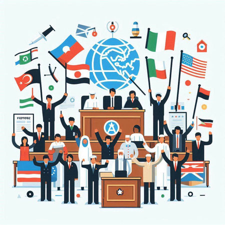 Politician or politician with flags and microphones. Political meeting. Vector illustrationのイラスト素材