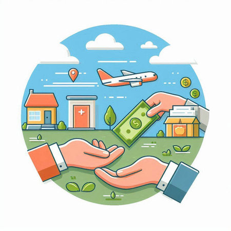 Vector illustration of hand giving money to a customer. Concept of buying or selling real estate.のイラスト素材