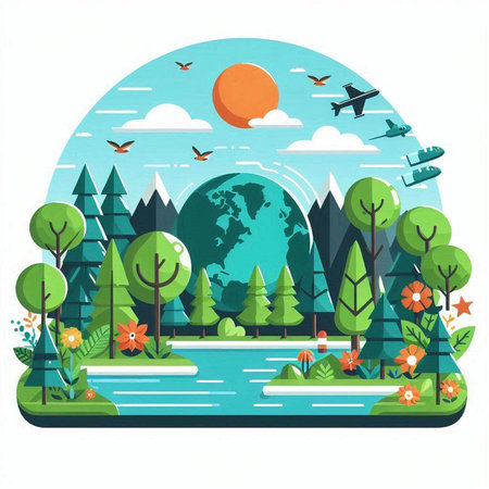 Nature landscape with trees and lake. Vector illustration in flat style.のイラスト素材