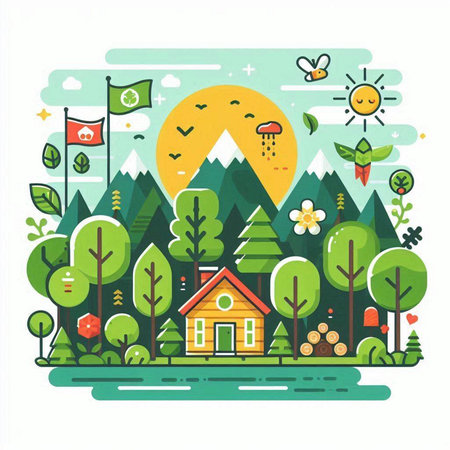 Vector illustration of forest landscape with houses, trees, sun, flowers and mountains. Flat style design.のイラスト素材
