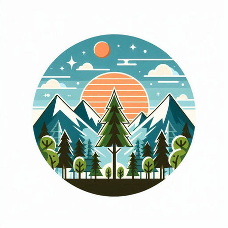 Mountain landscape with coniferous forest and sun. Vector illustration.のイラスト素材