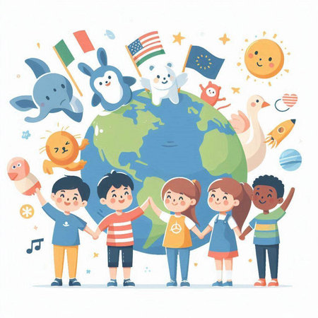 Children around the world. Vector illustration in flat cartoon style on white background.のイラスト素材
