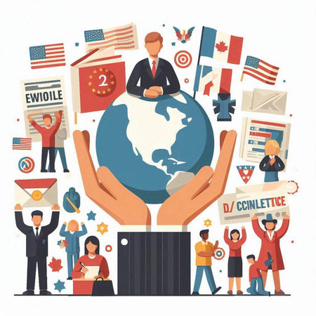 Human hands holding globe with USA symbols. Vector illustration in flat styleのイラスト素材