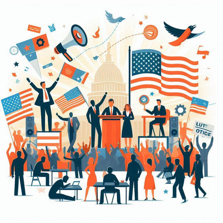 People at a rally or rally in the United States of America. Vector illustration.のイラスト素材