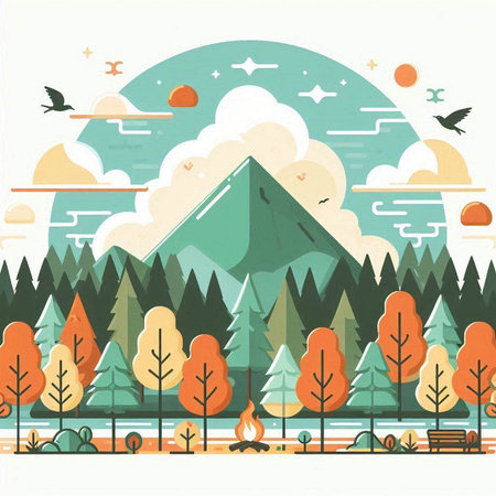 Mountains and forest landscape in flat style. Vector illustration for your designのイラスト素材