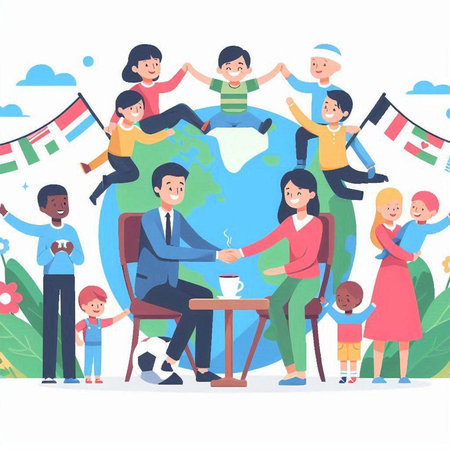 Happy family with children and globe on the background of flags. Flat vector illustration.のイラスト素材