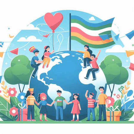 Happy World Day. Group of children and friends with flags, balloons and gifts. Flat vector illustration.のイラスト素材