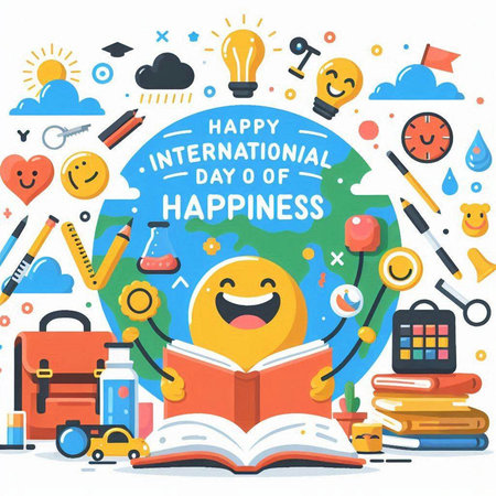 Vector illustration of happy kawaii cartoon character in open book with education icons aroundのイラスト素材