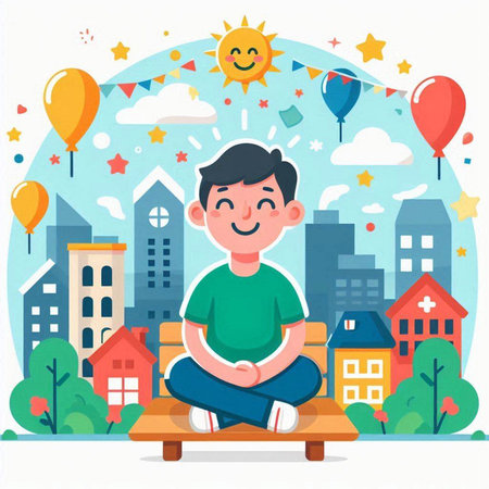 Happy boy sitting on the bench in the city. Vector illustration.のイラスト素材