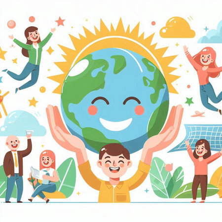 World Environment Day Vector Illustration. Happy People Holding Earth Globe.のイラスト素材