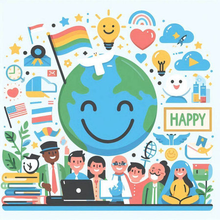 Vector illustration of happy and smiling children around the world. Flat style design.のイラスト素材
