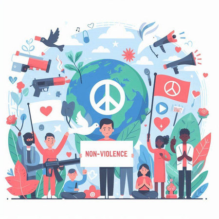 World Peace Day concept with people and peace symbols. Vector illustration.のイラスト素材