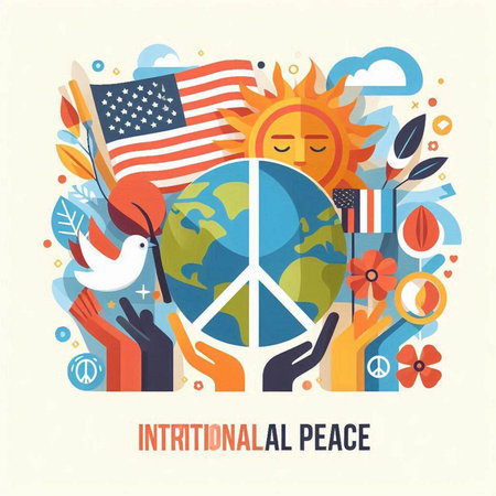 International peace day poster with hands holding Earth globe and dove. Vector illustrationのイラスト素材