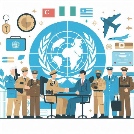 Vector illustration of a group of police officers on the background of the world mapのイラスト素材