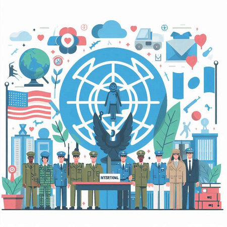 Flat design vector illustration concept of United States of America. People in uniform standing at the table.のイラスト素材