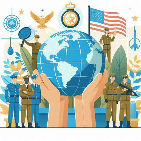Hand holding globe with flag and military people. Vector illustration in flat styleのイラスト素材