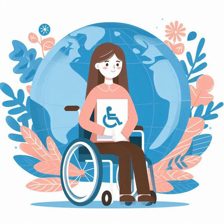 Handicapped woman on wheelchair. Vector illustration in flat style.のイラスト素材