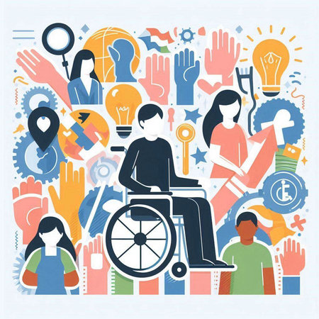 Handicapped man in wheelchair surrounded by different icons. Vector illustrationのイラスト素材