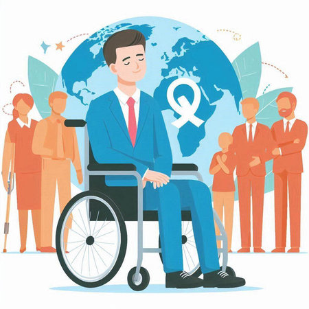 Handicapped man in a wheelchair with people around. Vector illustrationのイラスト素材