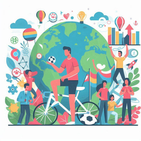 Vector illustration of people on bicycle in flat cartoon style. Sport and healthy lifestyle concept.のイラスト素材