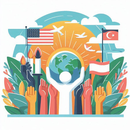 Vector illustration of international day of peace with human hands and globe in the center.のイラスト素材