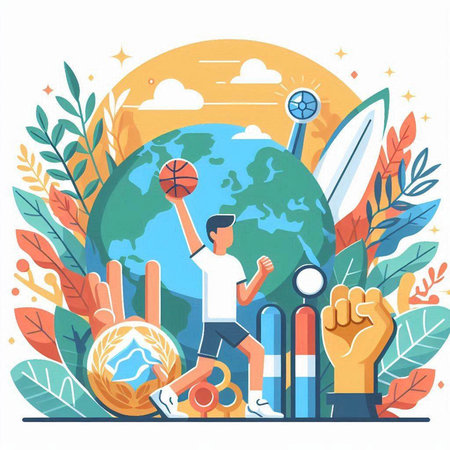 Vector illustration in flat style with the image of a man playing basketball on the background of the globe.のイラスト素材