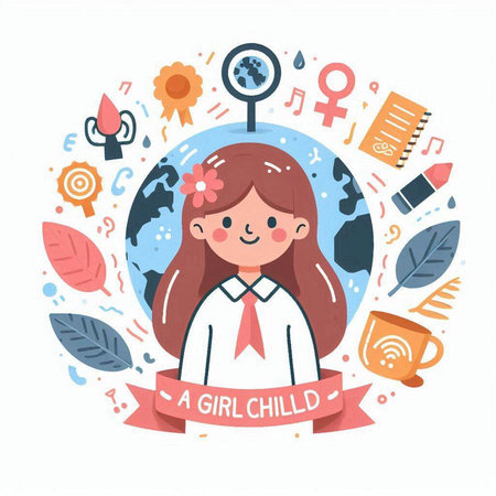 Vector illustration of World Childrens Day. Cute girl with flowers in her hair.のイラスト素材