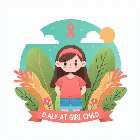 World Aids Day. Vector illustration of a little girl with a pink ribbon.のイラスト素材