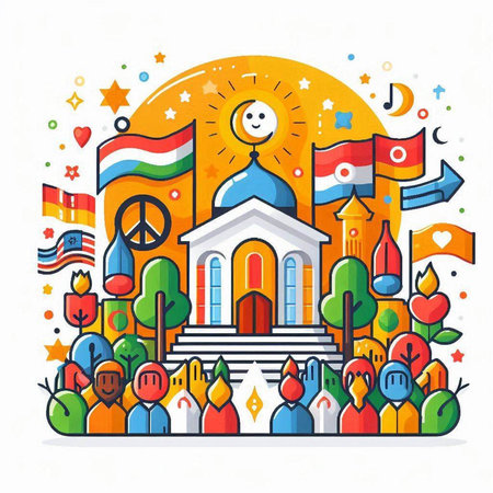 Vector illustration in flat linear style with orthodox church, people and flags.のイラスト素材