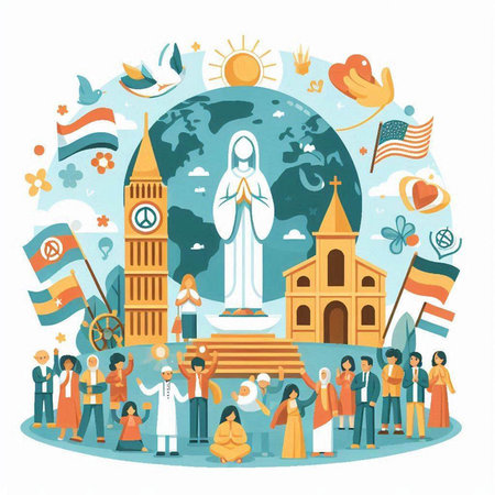 International religion day concept with people around the world. Vector illustration.のイラスト素材
