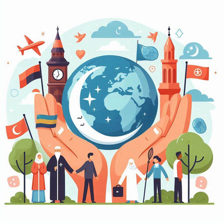 Travel around the world vector illustration. Cartoon flat tiny people with globe in hands.のイラスト素材