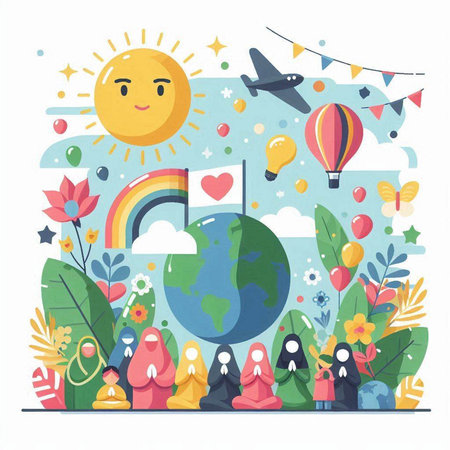 Vector illustration of Earth day concept in flat design style. Cute cartoon characters with globe, sun, rainbow, clouds, birds, flowers.のイラスト素材
