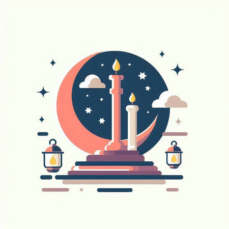 Vector illustration of Ramadan Kareem greeting card with lanterns and crescent moon.のイラスト素材