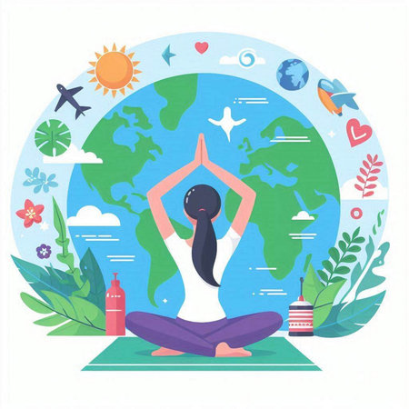 Woman meditating in lotus position on the background of the planet. Vector illustrationのイラスト素材