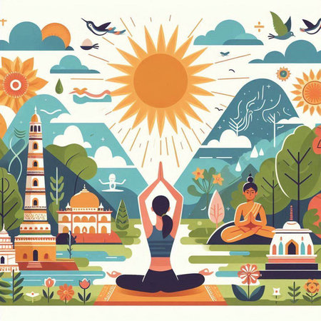 Yoga in the park. Vector illustration in flat design style.のイラスト素材