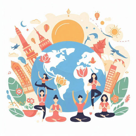 Vector illustration of yoga poses around the world. Concept of international yoga day.のイラスト素材