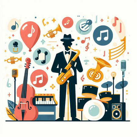 Musical background with instruments. Vector illustration in flat design style.のイラスト素材