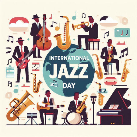 International Jazz Day. Vector flat illustration of jazz band musicians playing music instruments.のイラスト素材