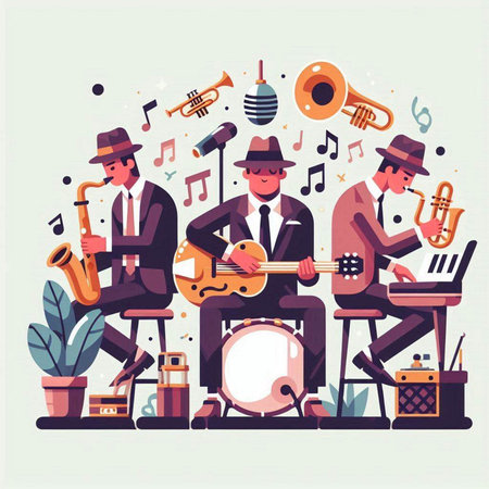 Musicians playing musical instruments flat vector illustration. Musicians playing saxophone, trumpet, flute, drum, clarinet, trumpet, saxophone, accordion.のイラスト素材