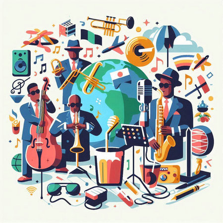 Vector illustration in flat design style with musical instruments and musicians. Music festival.のイラスト素材