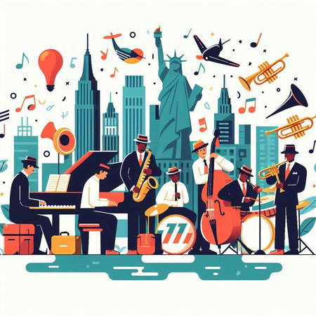 Vector illustration of jazz musicians in New York city, flat style.のイラスト素材