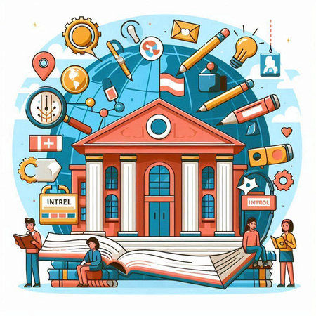 School and education concept. Vector illustration in flat cartoon style. School building, student, book, map, globe, globe, books, pencils, magnifying glass and other objects.のイラスト素材
